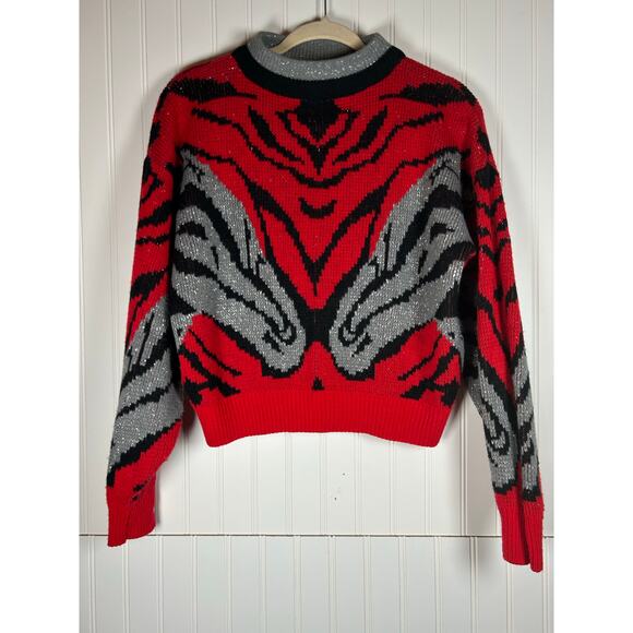Vintage DEB 80's Zebra women Sweater grey red silver size Long - Picture 1 of 8
